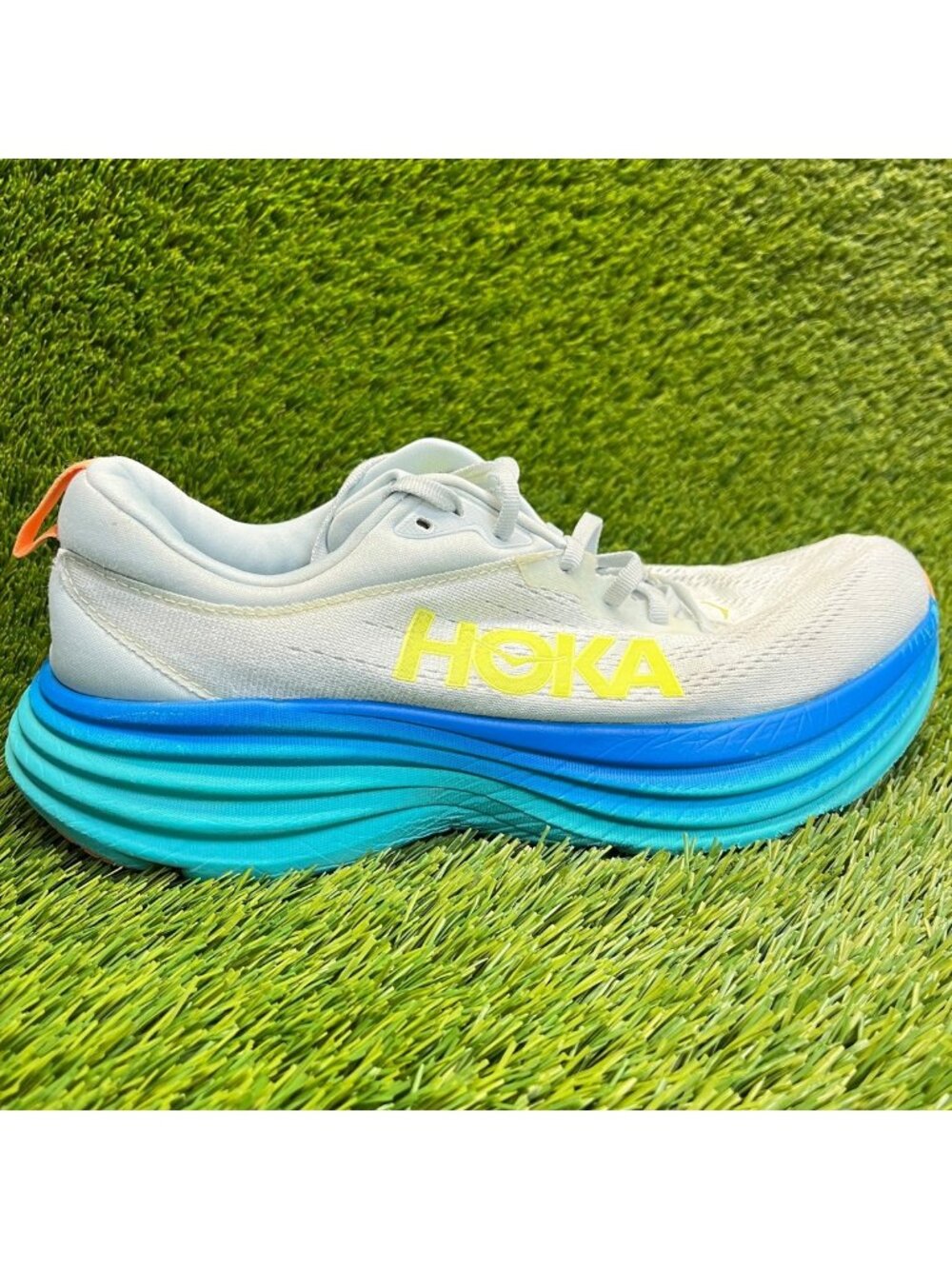Hoka One One Bondi 8 Mens Size 10.5 White Blue Athletic Running Shoes Sneakers